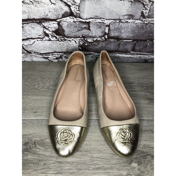 Taryn Rose Nude Pink Leather Gold Cap Toe Ballet Flats Women Sz 8M US/38.5EU - Picture 1 of 16